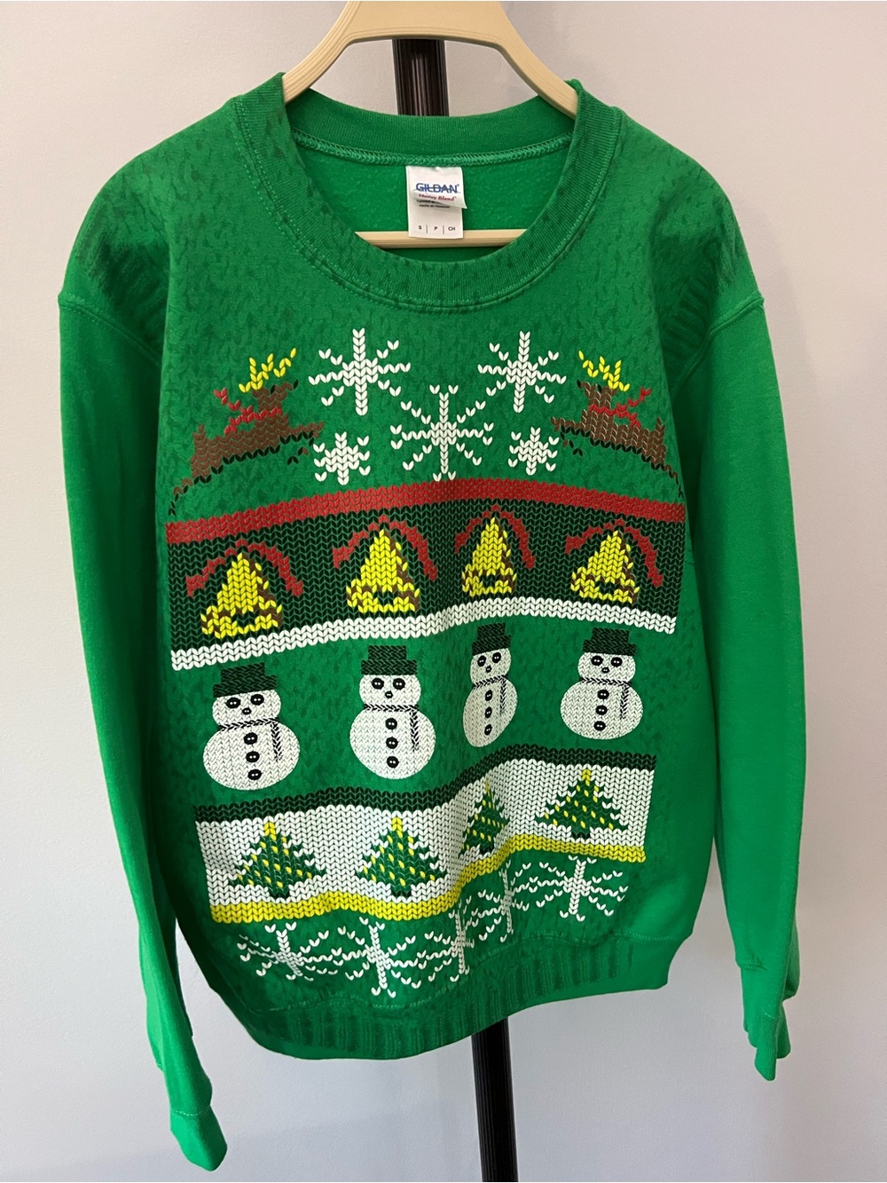 Green Christmas Ugly Sweater with Snowman & Tree Motif
